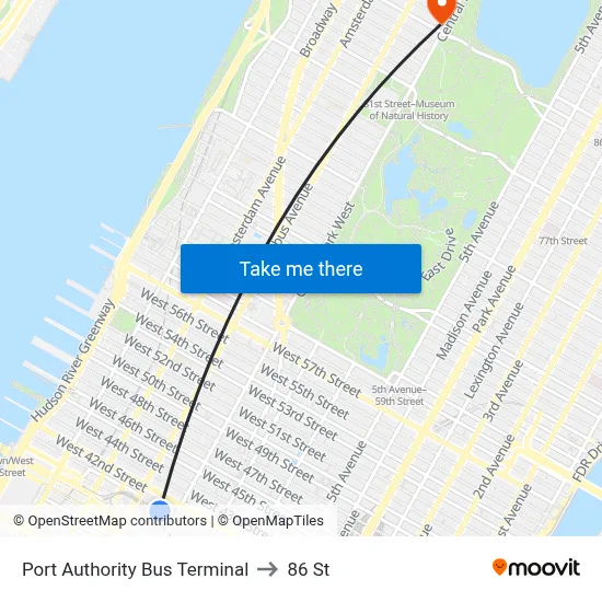 Port Authority Bus Terminal to 86 St map