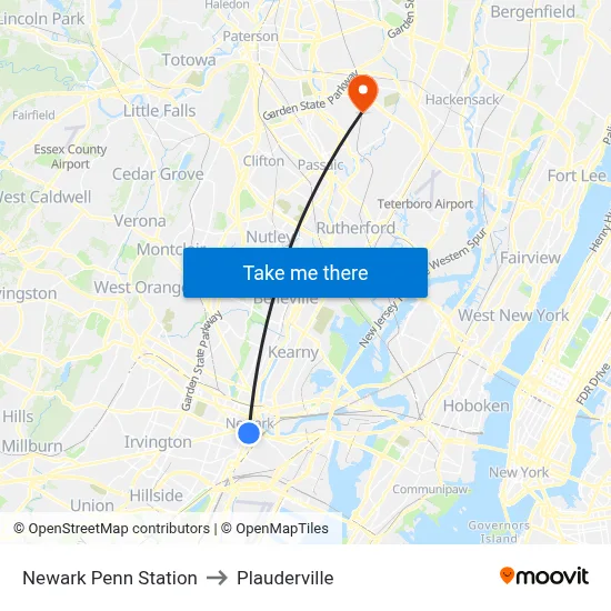 Newark Penn Station to Plauderville map