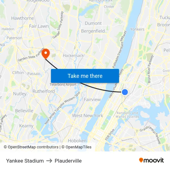 Yankee Stadium to Plauderville map