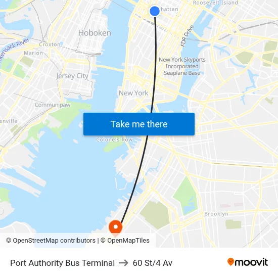 Port Authority Bus Terminal to 60 St/4 Av map