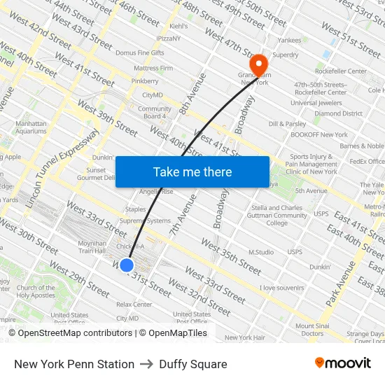 New York Penn Station to Duffy Square map