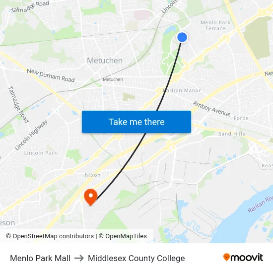 Menlo Park Mall to Middlesex County College map