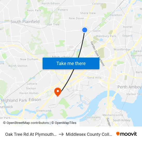 Oak Tree Rd At Plymouth Dr to Middlesex County College map
