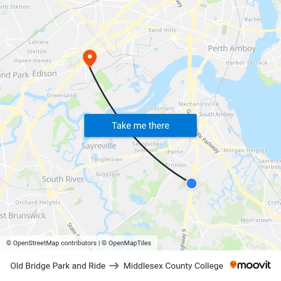 Old Bridge Park and Ride to Middlesex County College map