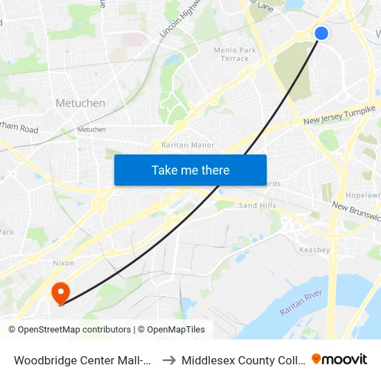 Woodbridge Center Mall-West to Middlesex County College map