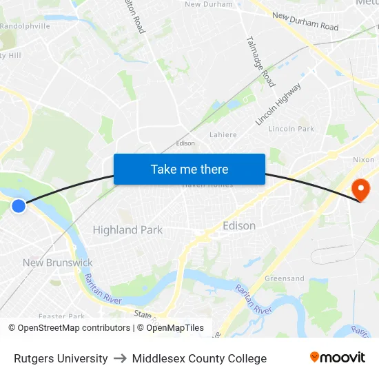 Rutgers University to Middlesex County College map
