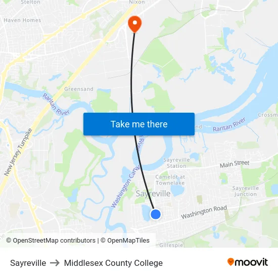Sayreville to Middlesex County College map