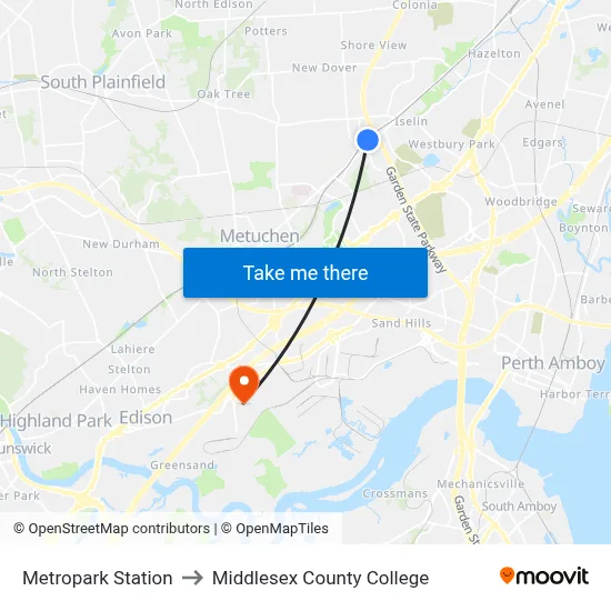 Metropark Station to Middlesex County College map