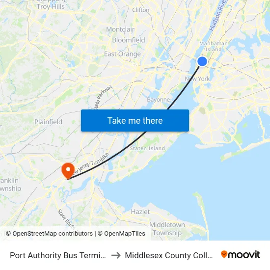 Port Authority Bus Terminal to Middlesex County College map