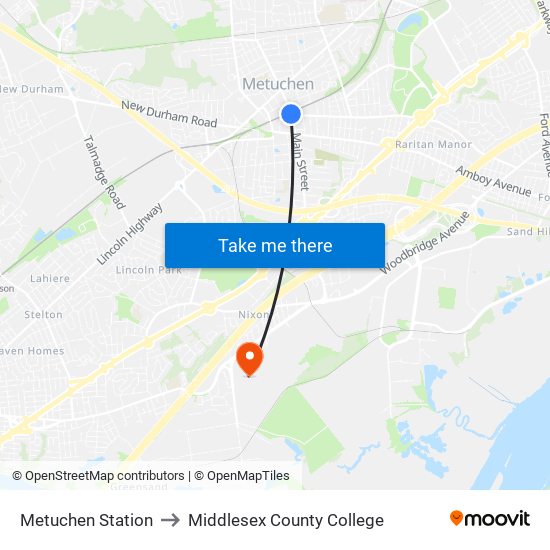 Metuchen Station to Middlesex County College map