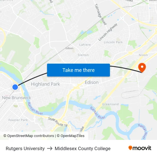 Rutgers University to Middlesex County College map