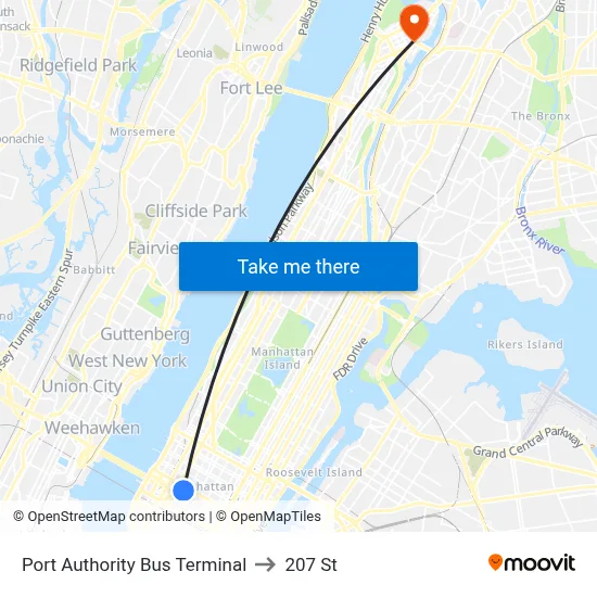 Port Authority Bus Terminal to 207 St map