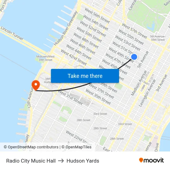 Radio City Music Hall to Hudson Yards map