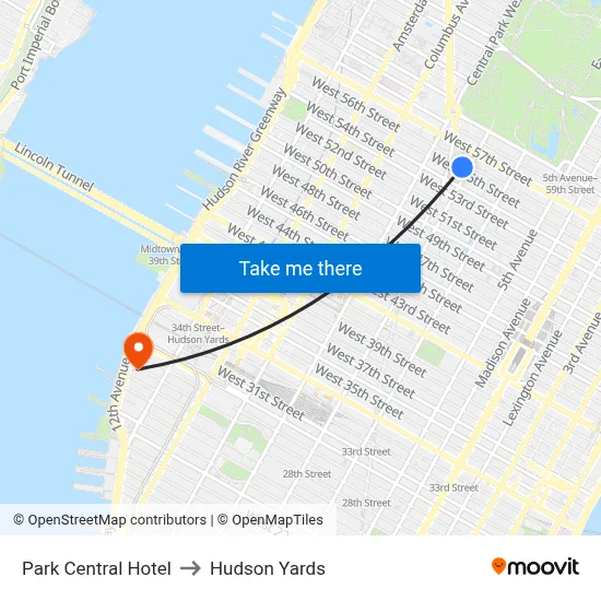 Park Central Hotel to Hudson Yards map