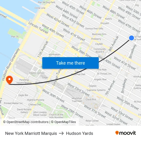 New York Marriott Marquis to Hudson Yards map