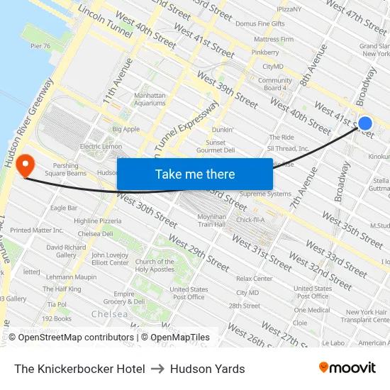 The Knickerbocker Hotel to Hudson Yards map