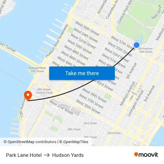 Park Lane Hotel to Hudson Yards map