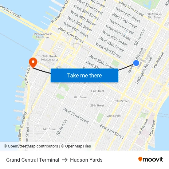 Grand Central Terminal to Hudson Yards map