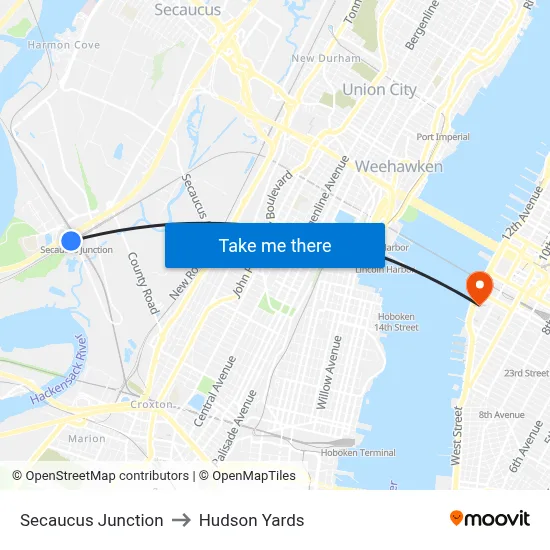 Secaucus Junction to Hudson Yards map