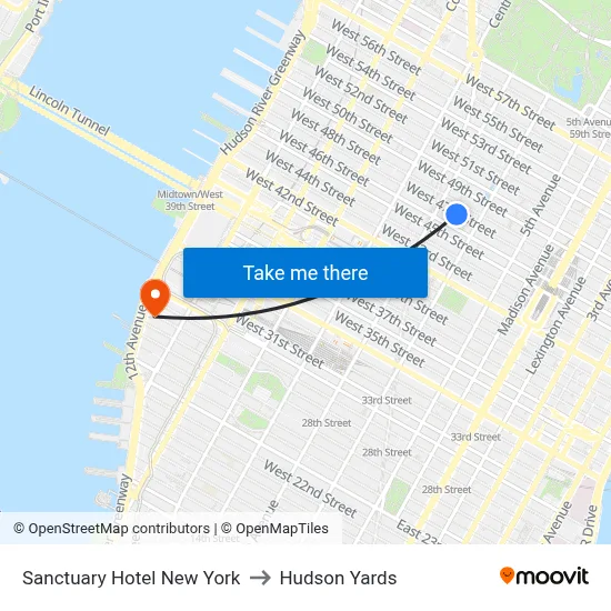 Sanctuary Hotel New York to Hudson Yards map