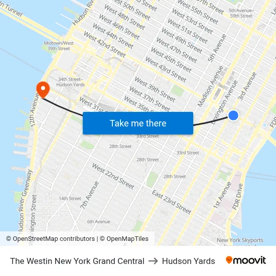 The Westin New York Grand Central to Hudson Yards map