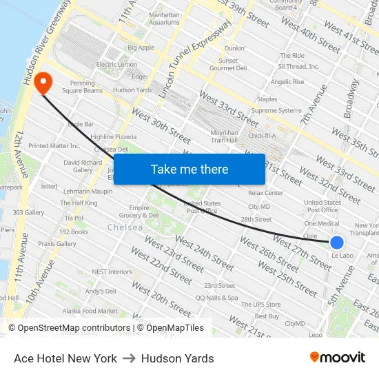 Ace Hotel New York to Hudson Yards map
