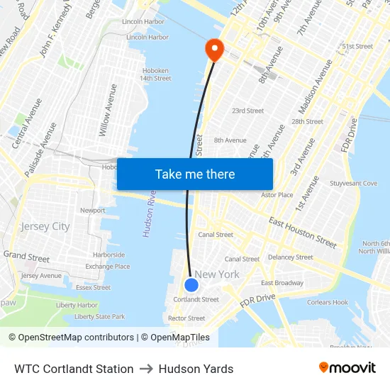 WTC Cortlandt Station to Hudson Yards map