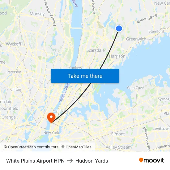 White Plains Airport HPN to Hudson Yards map