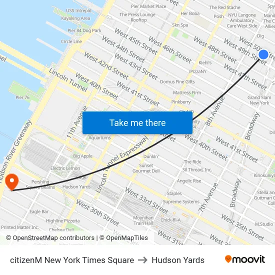 citizenM New York Times Square to Hudson Yards map