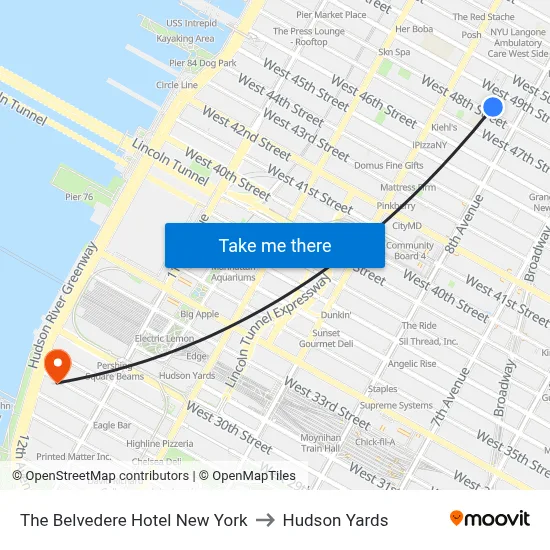 The Belvedere Hotel New York to Hudson Yards map