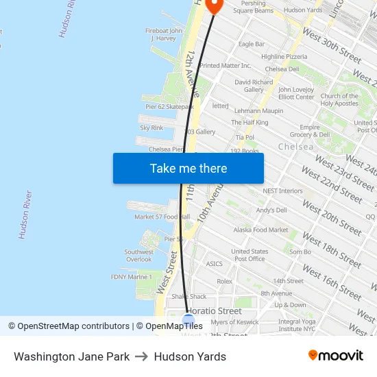 Washington Jane Park to Hudson Yards map