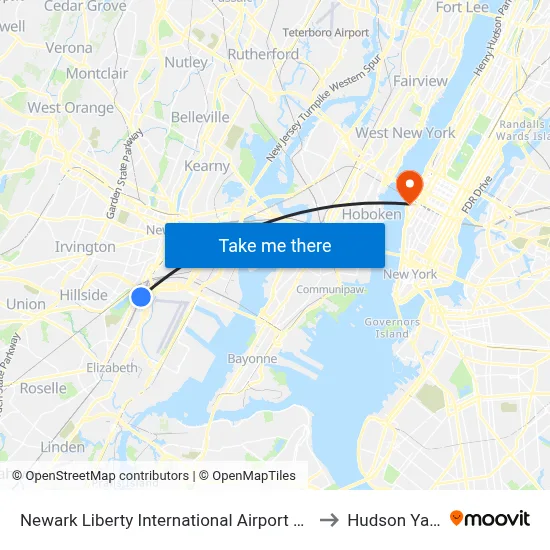 Newark Liberty International Airport Station to Hudson Yards map