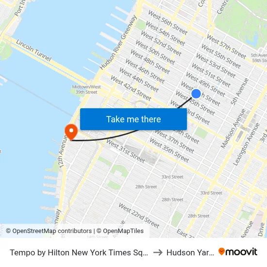 Tempo by Hilton New York Times Square to Hudson Yards map