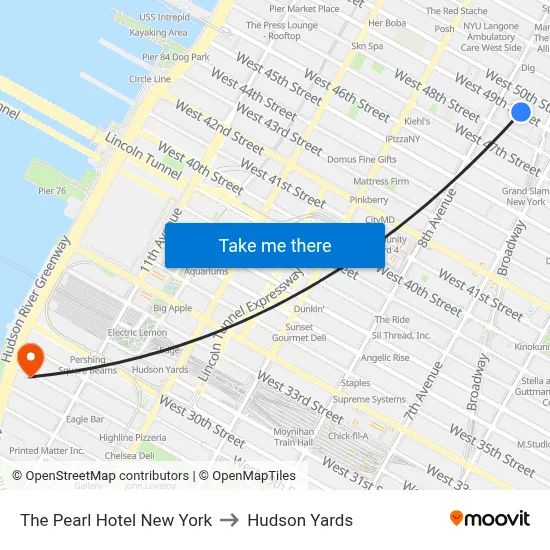 The Pearl Hotel New York to Hudson Yards map