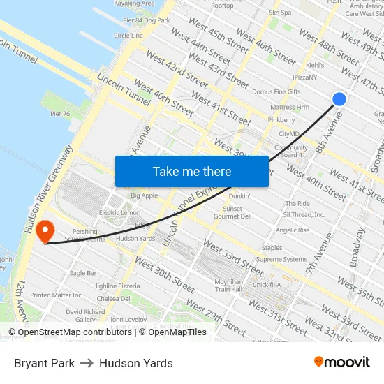 Bryant Park to Hudson Yards map