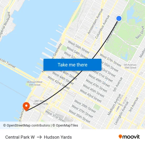 Central Park W to Hudson Yards map