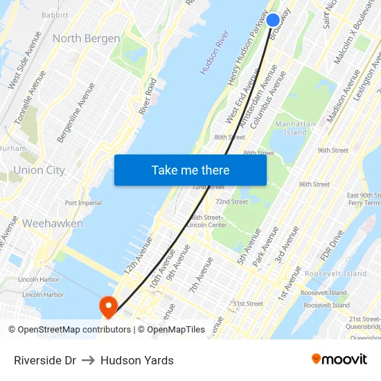 Riverside Dr to Hudson Yards map