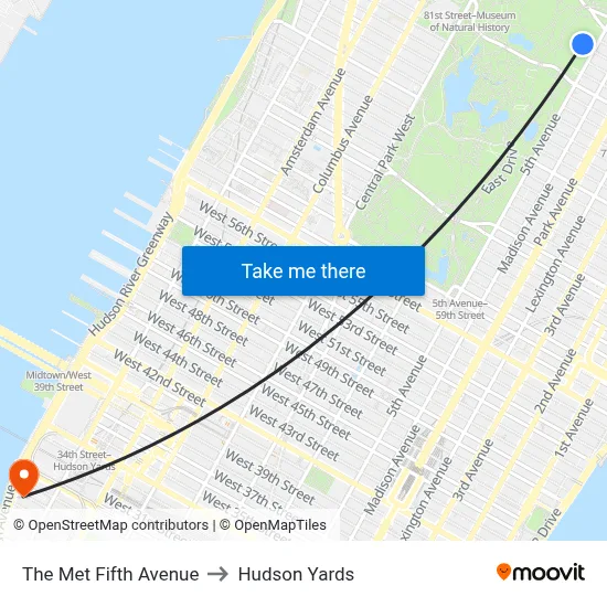 The Met Fifth Avenue to Hudson Yards map