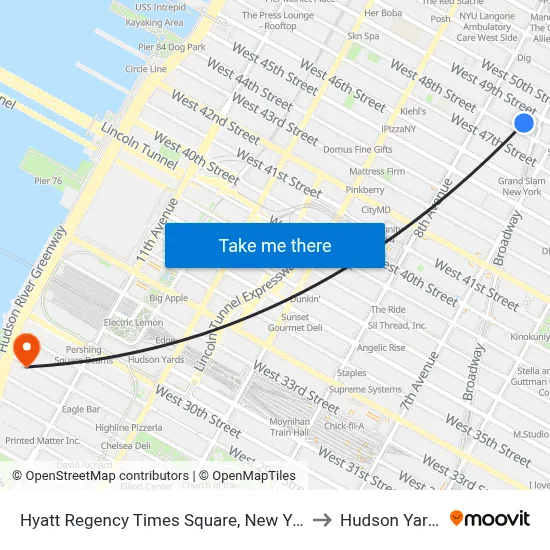 Hyatt Regency Times Square, New York to Hudson Yards map