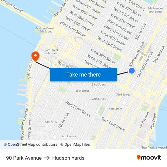 90 Park Avenue to Hudson Yards map