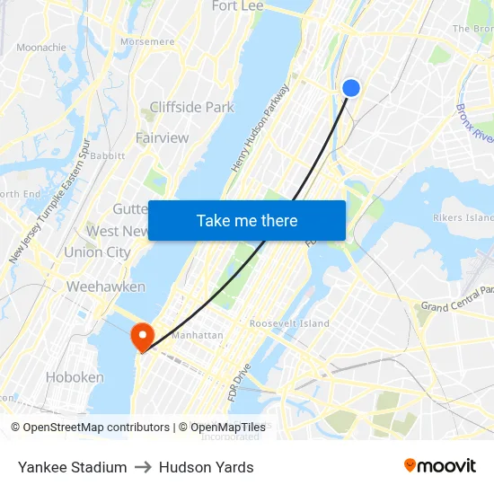 Yankee Stadium to Hudson Yards map