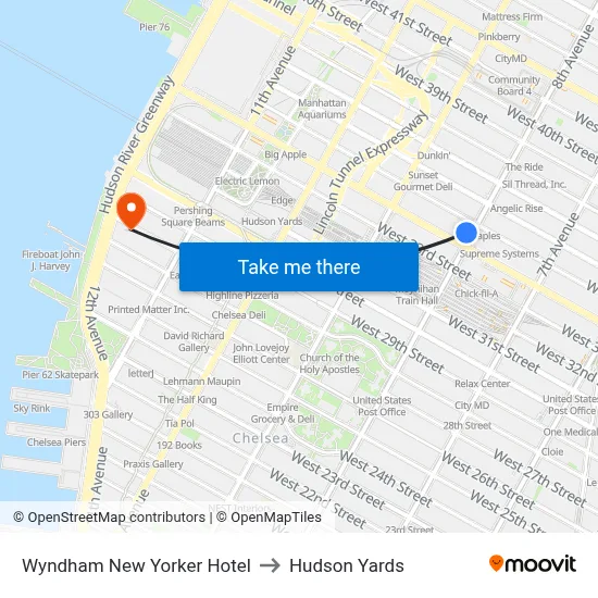 Wyndham New Yorker Hotel to Hudson Yards map