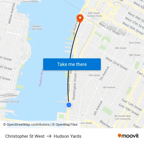 Christopher St West to Hudson Yards map