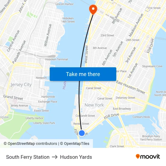 South Ferry Station to Hudson Yards map