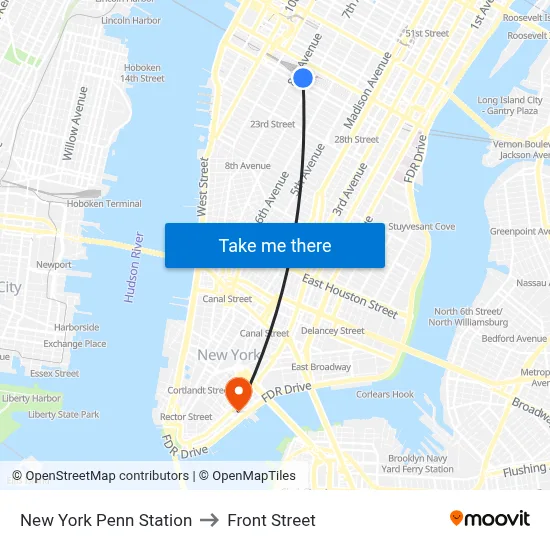 New York Penn Station to Front Street map