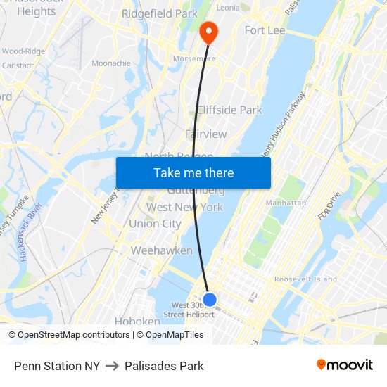 Penn Station NY to Palisades Park map