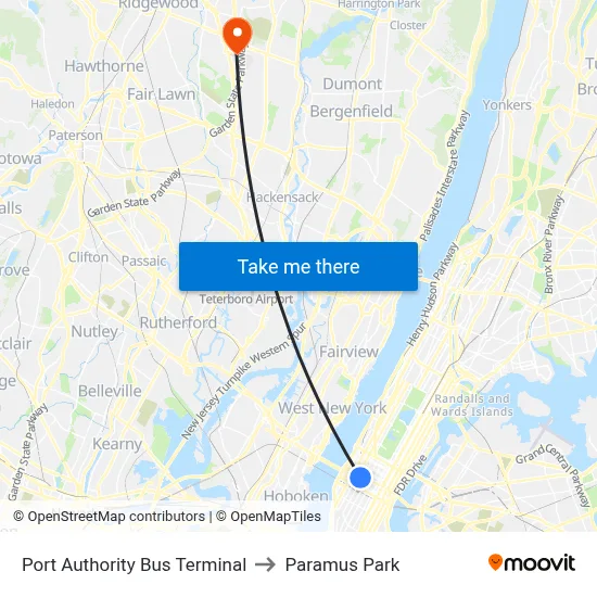 Port Authority Bus Terminal to Paramus Park map
