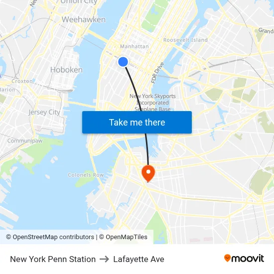 New York Penn Station to Lafayette Ave map