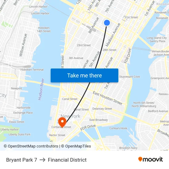 Bryant Park 7 to Financial District map