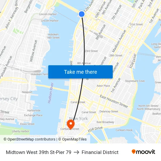 Midtown West 39th St-Pier 79 to Financial District map